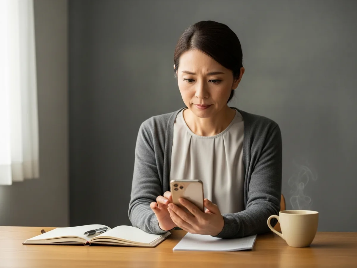 外国語のメールに困惑しながらスマートフォンを見るスタッフのイメージ(演出)