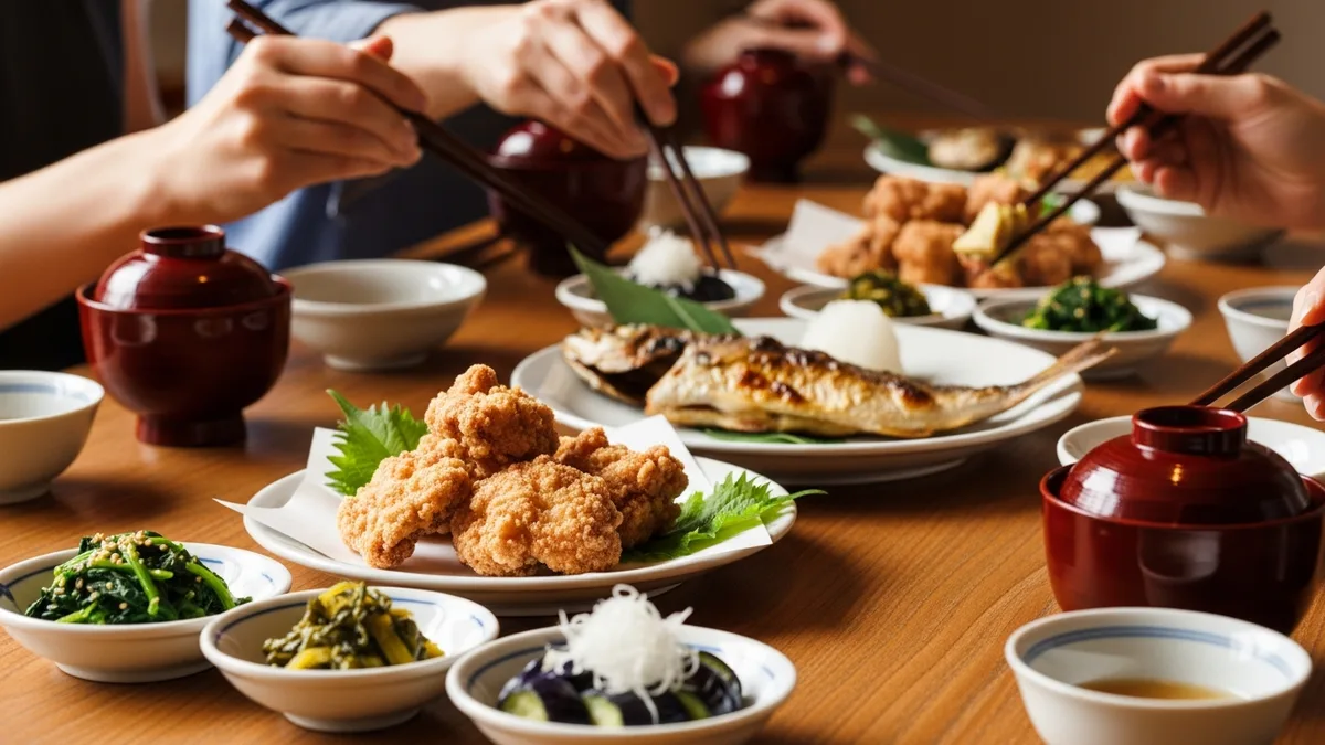 郷土料理が並ぶ食卓を外国人観光客が楽しむイメージ