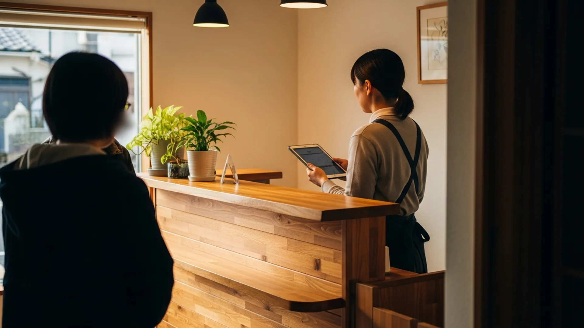 日本の中小企業の店舗やオフィスで、スタッフがタブレットやスマートフォンで接客・業務にあたるイメージ