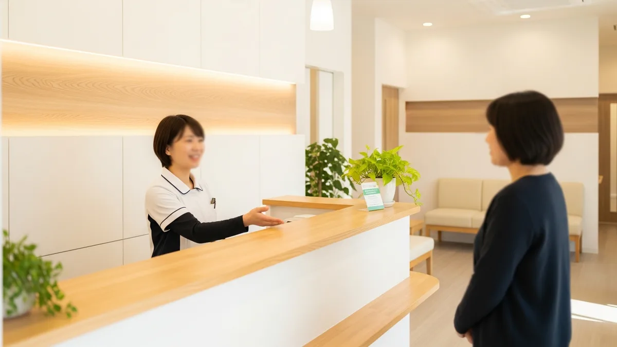 クリニックの明るい受付で、患者を迎える受付スタッフのイメージ