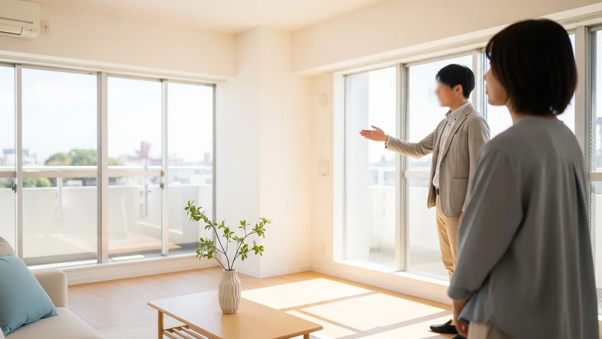 不動産の内見で、明るい室内をお客様に案内する担当者のイメージ